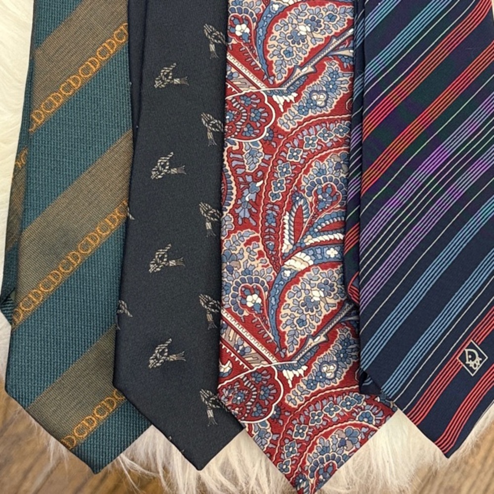 Christian Dior Men's Tie Collection Lot of 4 Vintage Teal, Black, Red, Blue